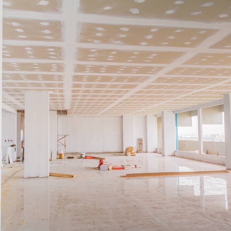 gypsum board ceiling structure and plaster mortar wall painted foundation white decorate interior room in building construction site