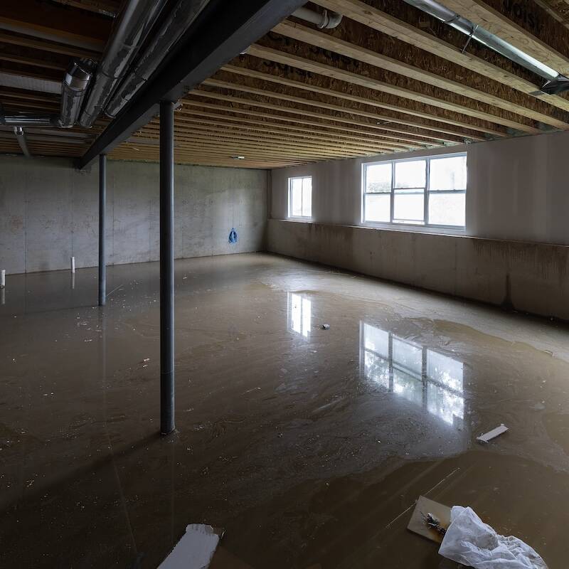 A flooded basement with standing water covering the floor, exposed ceiling beams, concrete walls, support poles, and windows reflecting the water’s surface—a clear sign of storm damage. Debris and trash float in the water.